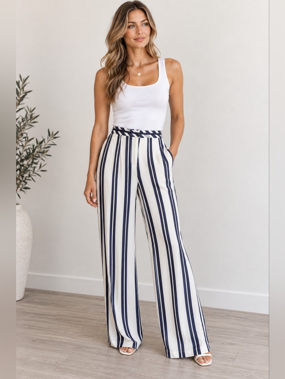 NWT Zara Navy & White Striped Wide Leg Pants
